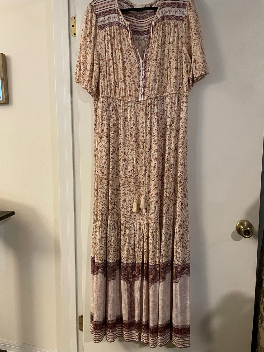Wonderly Cream Maxi Dress with Burgundy Floral Print “Worn Once”